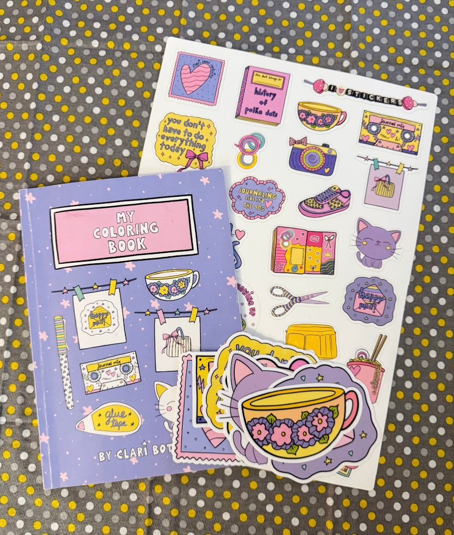 A4 Sticker Sheet, Coloring Book, & Sticker Pack Bundle